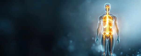 Human anatomy visualization with glowing nervous system on abstract background