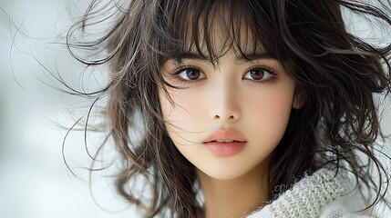 Naklejka premium Breathtaking professional shot of a young Japanese woman, 18 years old, with medium-length soft curls, delicate bangs, deep chestnut brown shade, radiant skin, cheerful and confident expression, 