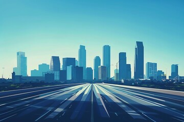 Fototapeta premium Modern city at sunset. Urban landscape with road, skyscrapers and highway.