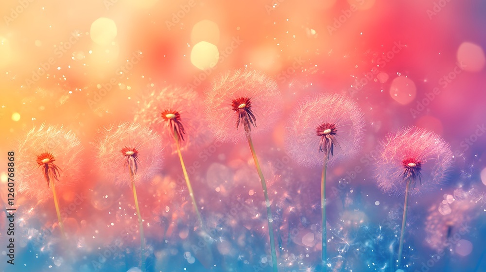 Poster a breathtaking image of fluffy dandelions at sunset. dreamy pastel colors and a magical atmosphere. 