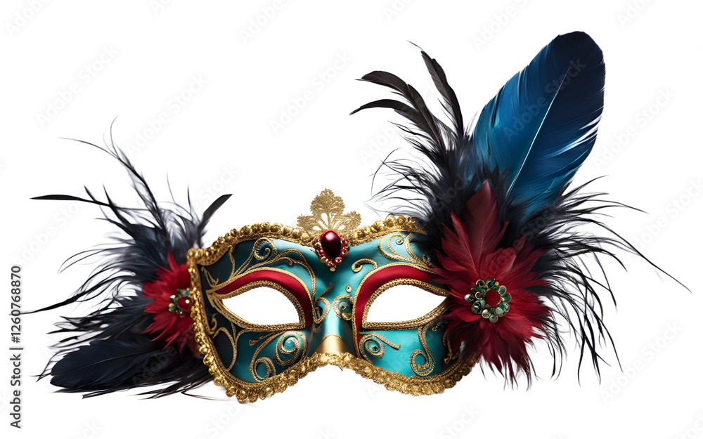 Poster a fun masquerade mask with feather decorations, isolated on a empty plain background