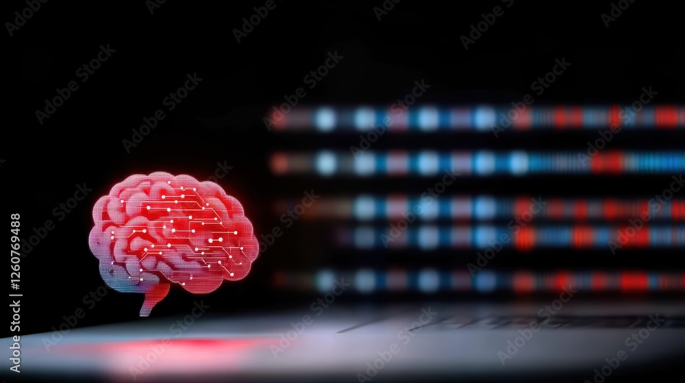 Aufkleber futuristic digital brain hologram with data streams in dark background