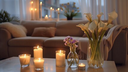 Modern home decor with cozy living room, candles, flowers in vases, and beige sofa near window.