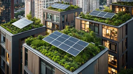 Modern buildings featuring lush green roofs and solar panels, promoting sustainability and eco-friendly urban living in a city landscape.