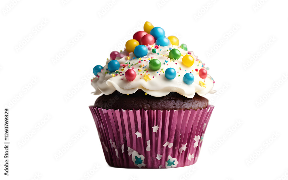 Poster a party cupcake with a themed decoration on top, isolated on a empty plain background
