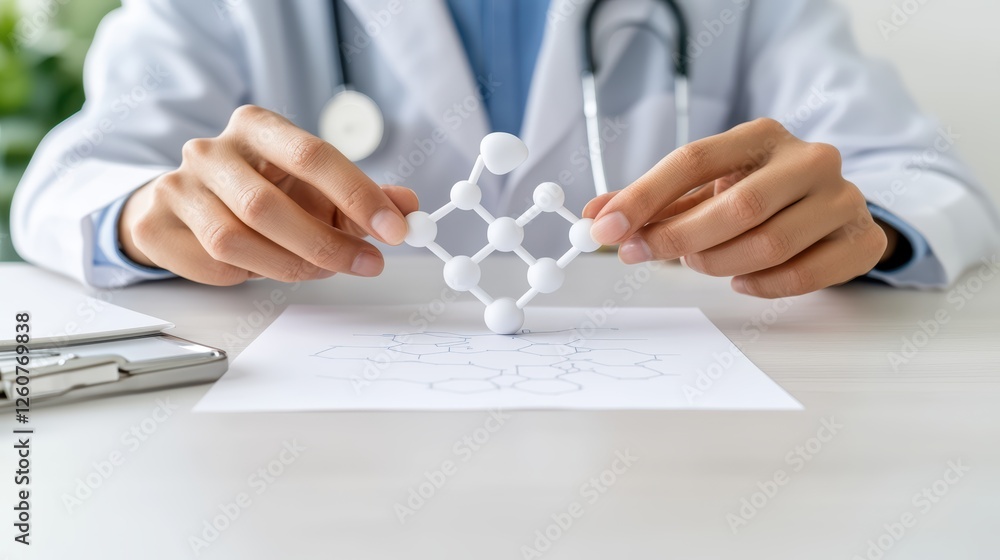 Aufkleber scientist analyzing molecular model in laboratory with document and stethoscope
