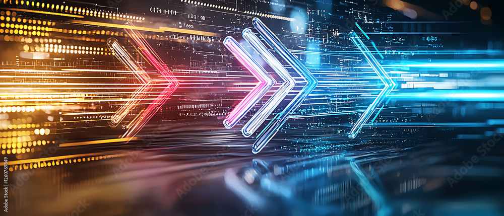 Poster dynamic digital arrows representing progress virtual environment graphic design futuristic perspecti
