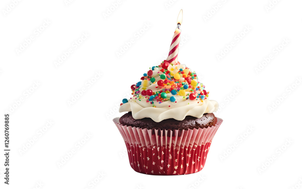 Poster a party cupcake with a themed decoration on top, isolated on a empty plain background