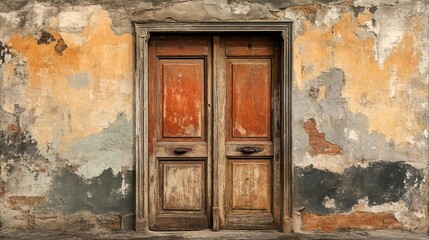 A faded and weathered wall with peeling paint and rusty metal accents.