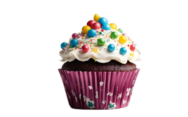 A party cupcake with a themed decoration on top, isolated on a empty plain background