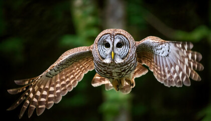 Fototapeta premium Flying barred owl bird in mid air, nature photography. Generated AI