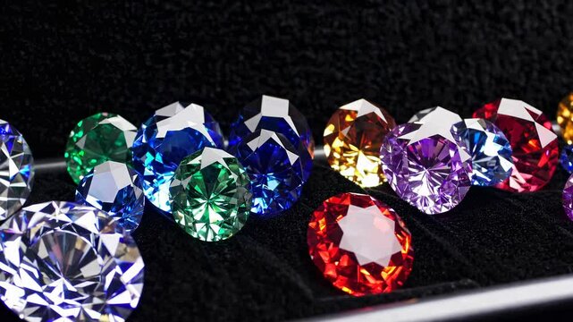 Close-up video of colorful gemstones on a textured black surface, captured from a low angle, highlighting their brilliance and facets.