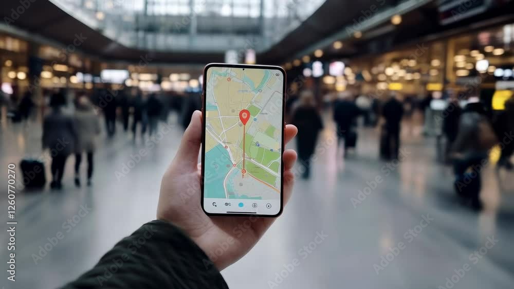 Poster Tourist hand holding smartphone with map application opened showing current location inside terminal building with blurred people walking in background