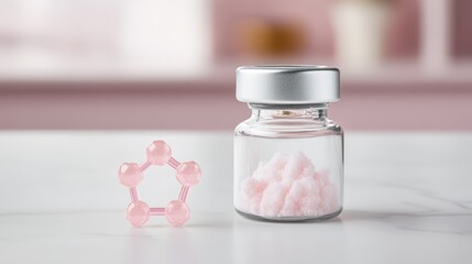 Pink molecular structure with crystal powder in glass container on marble surface