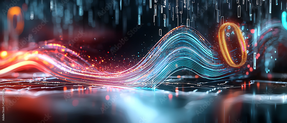 Poster dynamic digital waves virtual realm abstract art futuristic environment close-up view motion and lig