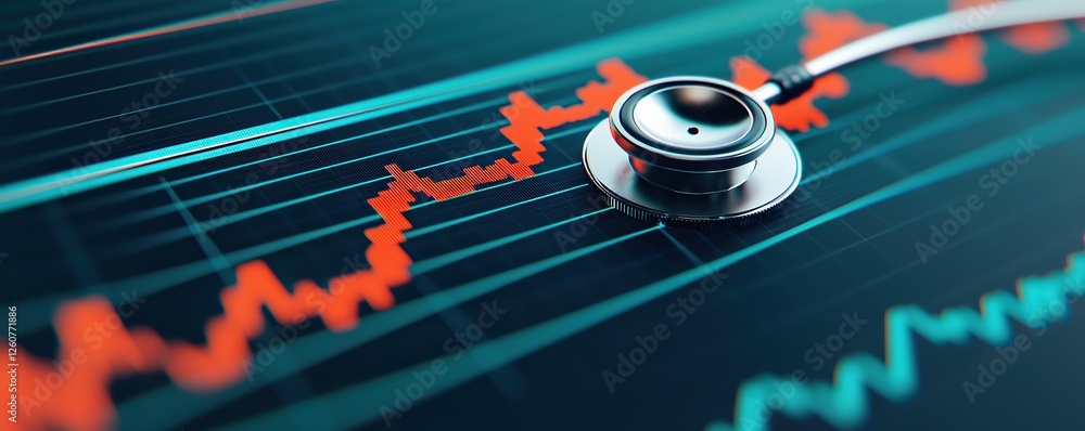 Aufkleber Stethoscope and digital health chart concept. Stethoscope on a digital background with health data graphs.