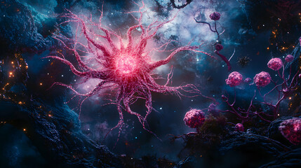 Glowing Neural Network and Cosmic Landscape with Abstract Biology Theme