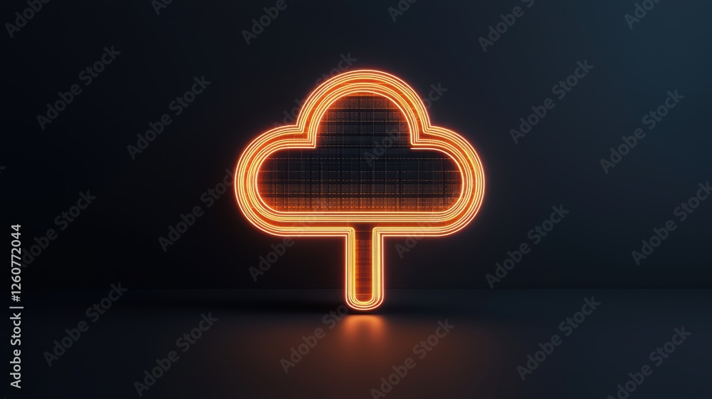 Poster neon cloud icon with circuitry on dark background symbolizing technology and connectivity