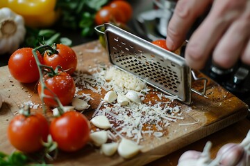 Chef grating cherry tomatoes on a wooden board. Selective focus.