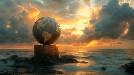 Obraz premium The Earth sits atop a stone pedestal.