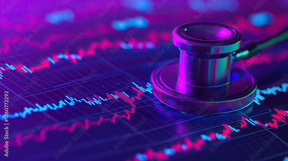 Poster Stethoscope and digital health chart concept. Colorful stethoscope on a digital heartbeat graph representing health and technology.