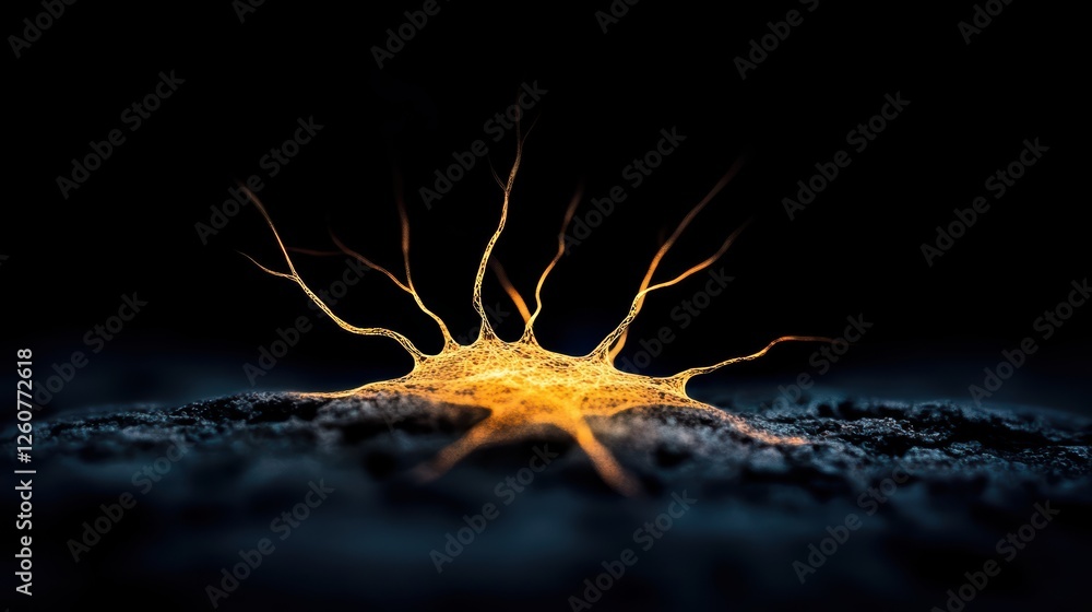 Poster glowing neural cell with orange extensions on dark background