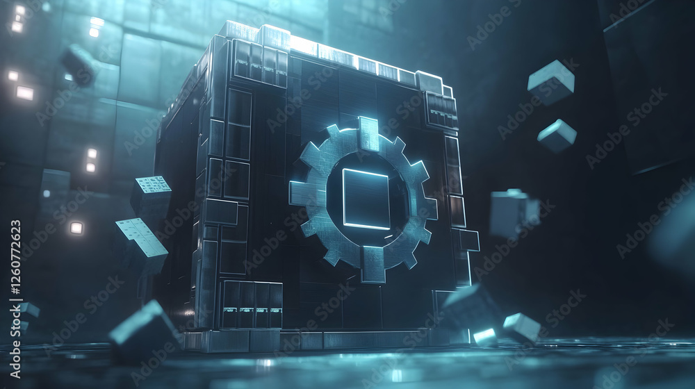 Aufkleber abstract metal cube with gear and floating cubes in cyberpunk style