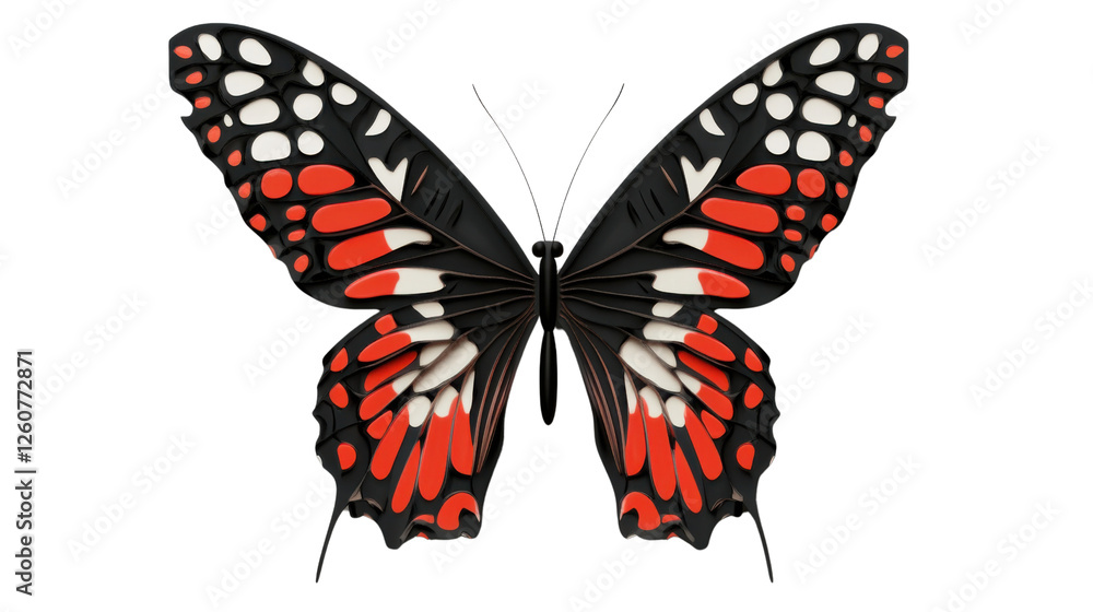 Poster vibrant butterfly with red and white patterns on transparent background