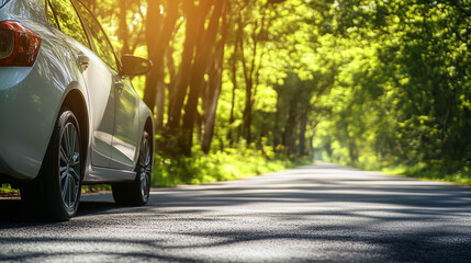 Obraz premium A car driving on a scenic road through a dense forest, surrounded by lush greenery and natural landscapes, perfect for a friendly travel adventure