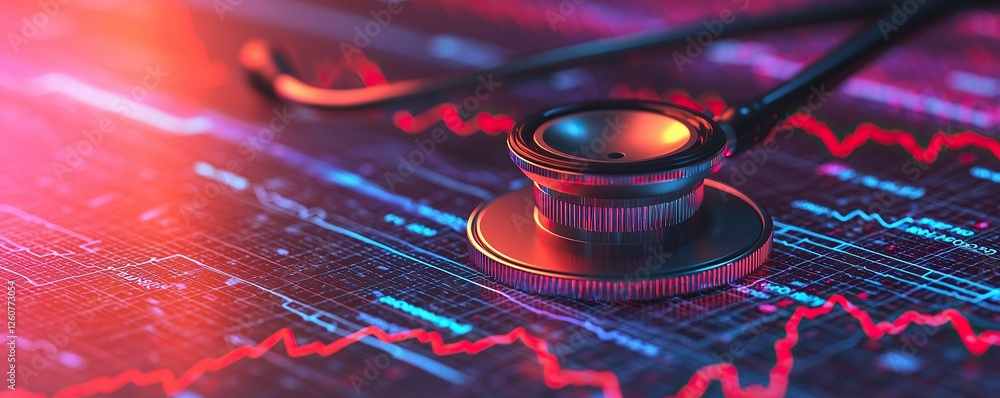 Aufkleber Stethoscope and digital health chart concept. Stethoscope on a digital background with medical graphs and data analysis.