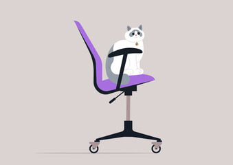 A delightful ragdoll cat sits comfortably on a contemporary office chair, its fluffy coat contrasting with the chic purple upholstery, creating a charming workspace vibe