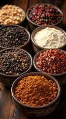 Assorted Spices In Bowls On Wooden Surface