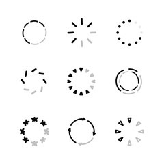 Set of hand drawn Loading  black circular downloads rotating on transparent background