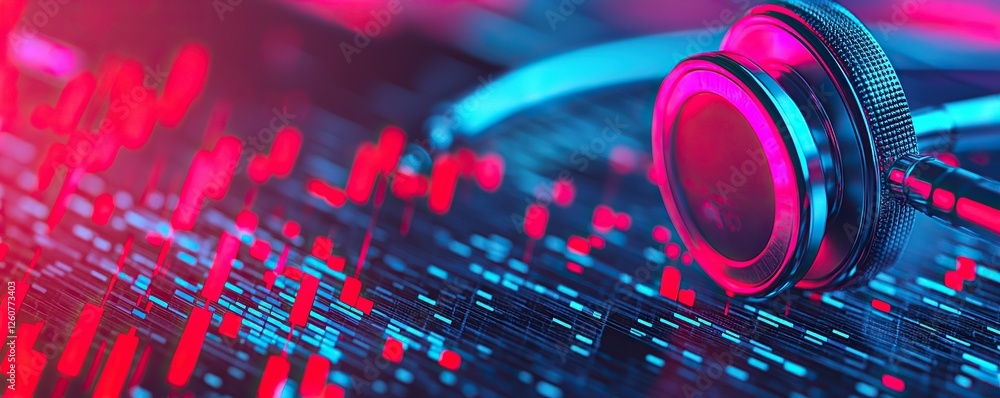 Poster stethoscope and digital health chart concept. vibrant close-up of headphones with an abstract soundw
