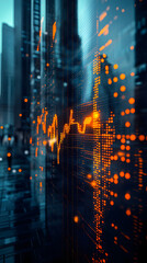 Cinematic shot of a holographic stock market chart, with a dark city background