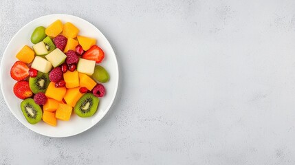 Fresh Assortment of Colorful Fruits on White Plate Against Neutral Background