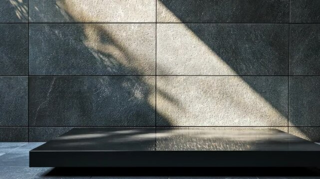 Modern minimalist display area with shadows and textured gray wall during daylight