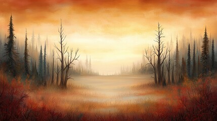 Serene forest landscape painting, tranquil lake scene with lush trees and reflections of nature's beauty
