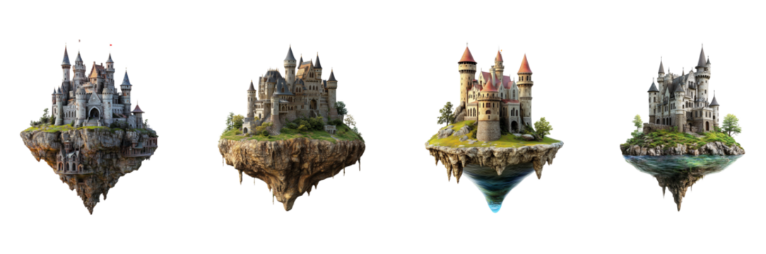 Floating medieval castle on a rocky island set 
