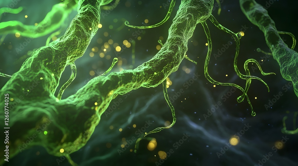 Poster Captivating abstract background of glowing luminescent green swirls and waves of digital energy fluid motion and light  Vibrant futuristic and ethereal digital art visualization with a cosmic