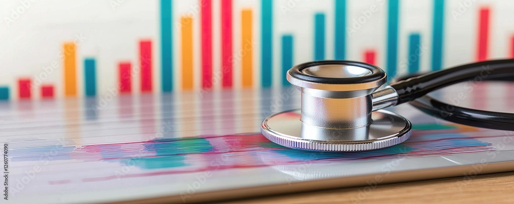 Aufkleber Stethoscope and digital health chart concept. Stethoscope resting on a medical chart with colorful data visualizations in the background.