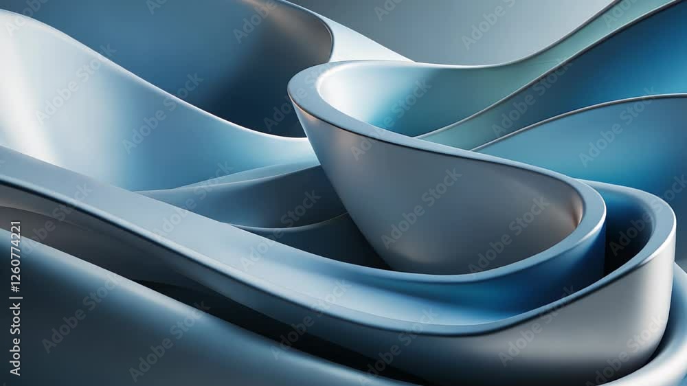 Poster flowing forms in serene blue hues create a mesmerizing visual dance of light and shadow in a minimal