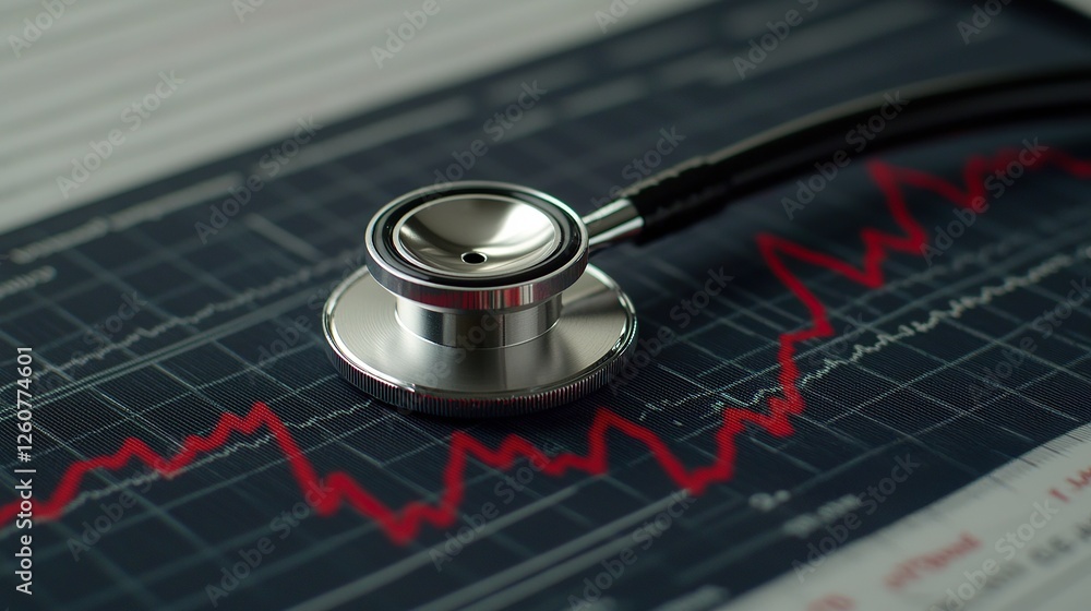 Aufkleber stethoscope and digital health chart concept. stethoscope resting on a heart rate monitor graph, sym