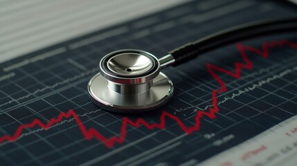 Stethoscope and digital health chart concept. Stethoscope resting on a heart rate monitor graph, symbolizing health and medical care.