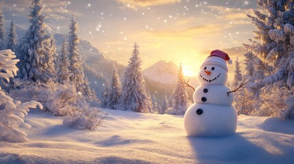 Fototapeta premium Festive Snowman in Snowy Mountains at Sunrise
