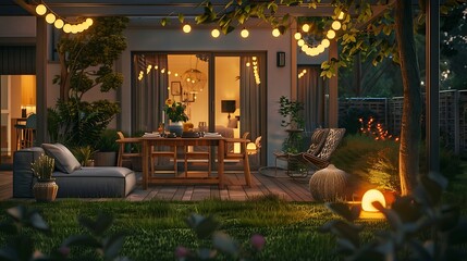 3d rendering of a cozy garden terrace in the evening.