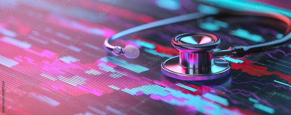 Aufkleber Stethoscope and digital health chart concept. A colorful stethoscope resting on a digital background, symbolizing health technology and data analysis.
