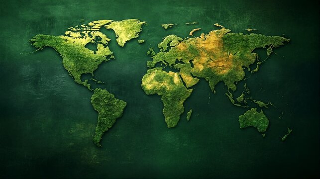 A world map with green and gold colors is displayed on a dark green background.