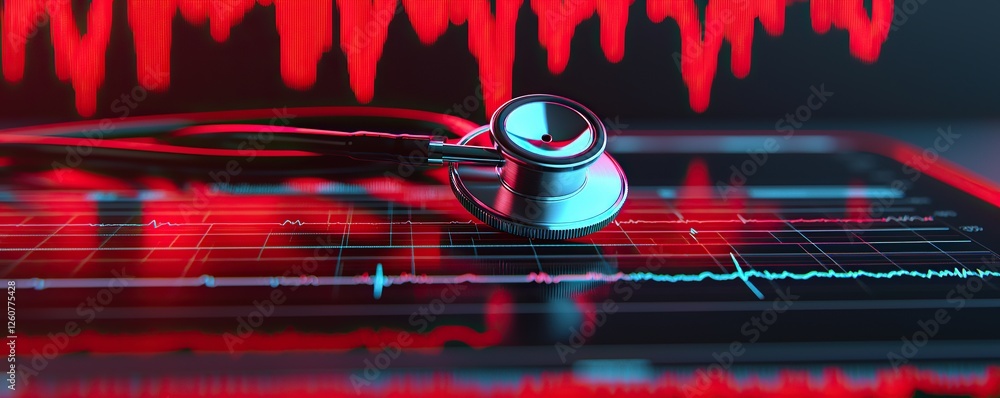 Leinwandbilder Stethoscope and digital health chart concept. Stethoscope resting on a digital ECG display with red waveform signals.