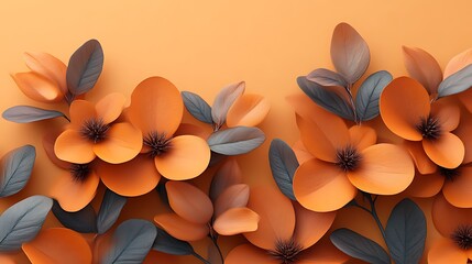 Orange Flowers and Gray Leaves on Orange Background